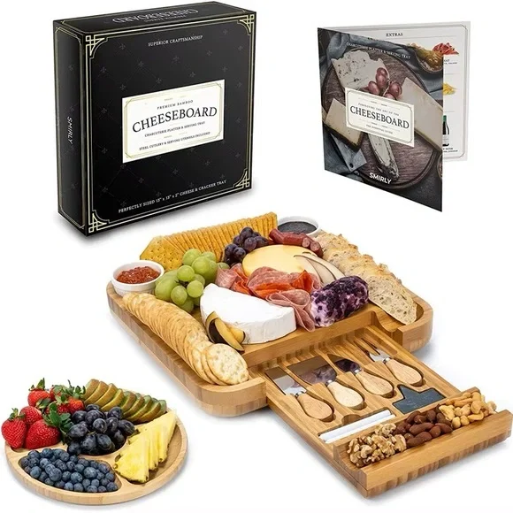 SMiRLY Premium Bamboo Cheese Board Charcuterie and Serving Tray Set with Cutlery - Picture 1 of 9